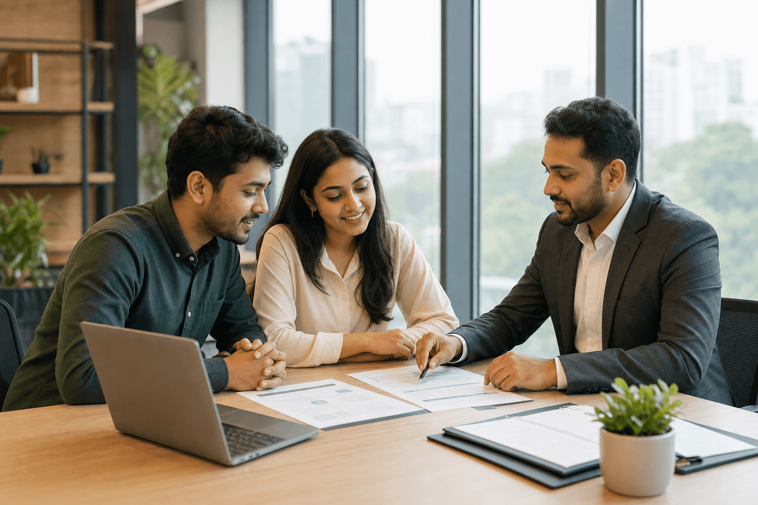 Technology founders reviewing company formation documents with an adviser
