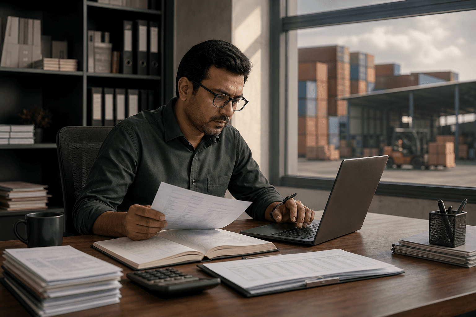 Import and export accounting records being reviewed beside a warehouse