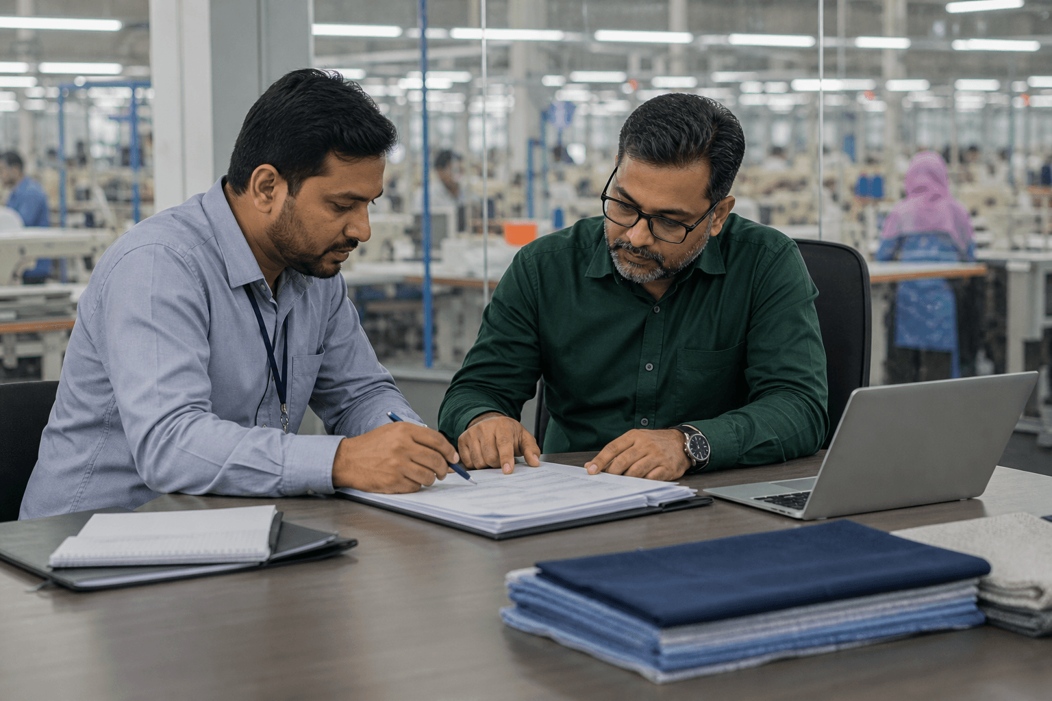 EasyTax adviser reviewing VAT records inside a garments factory